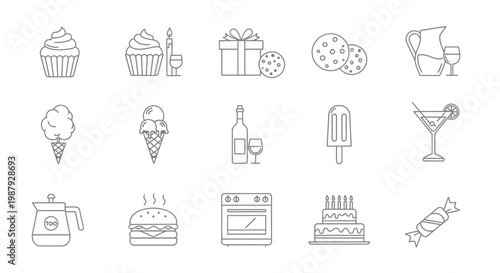 A collection of line art icons depicting various celebratory foods and treats for parties