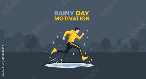 Courageous Runner Embraces Rainy Weather in a City Environment For Fitness and Drive