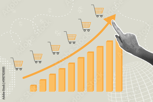 Hand pointing upward with an arrow on a sales growth bar chart. Trendy halftone collage. Growing shopping cart icons representing business profits and consumer demand.