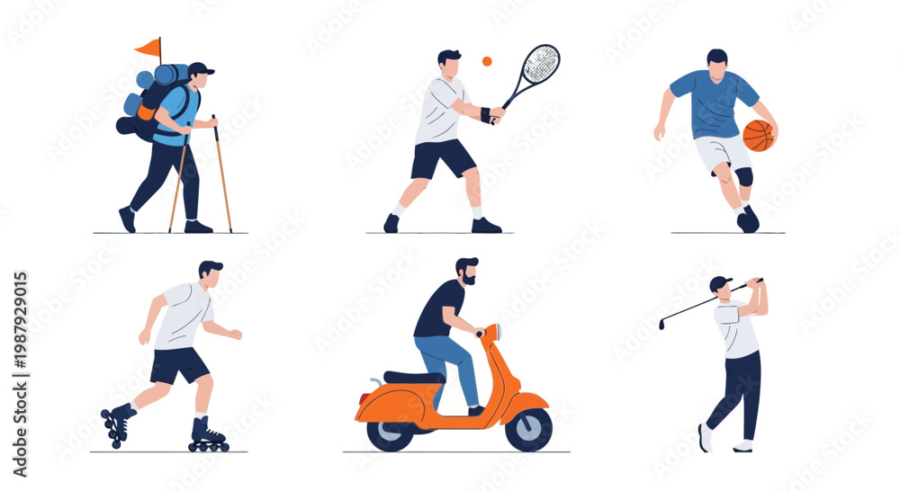 Fototapeta premium Diverse Activities Depicted in Simple, Colorful Illustrations for Sport and Recreation Concepts