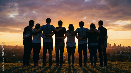 Diverse Group of Friends Standing with Arms Around Each Other Looking at City Skyline During Golden Sunset