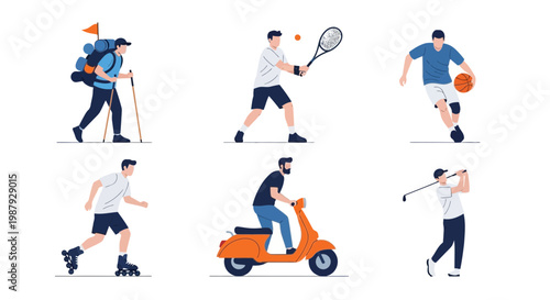 Diverse Activities Depicted in Simple, Colorful Illustrations for Sport and Recreation Concepts