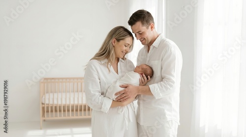 Loving parents holding newborn baby in bright nursery