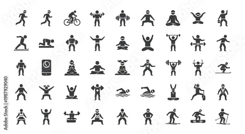 Diverse Activities Depicted Through Simple Symbols Promoting Fitness, Wellness, And Sports