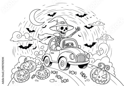 Skeleton driver enjoying a spooky night ride in a classic car