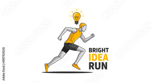 Creative Athlete Sprinting With A Light Bulb Above His Head, Idea And Sports Concept