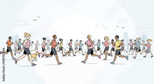 Diverse Group Engages In Outdoor Running Activity With A Dog