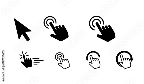 Flat cursor and hand click icons with tapping pointing and interaction gestures for modern UI design