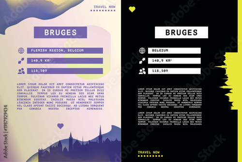 Bruges, Belgium vector infographics, brochure layout set. Guide, leaflet, flyer, graphic template with text, data, information and city skyline shape. Mock up images series