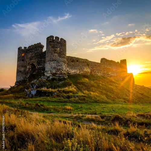 Ancient stone fortress atop a grassy hill is illuminated by a vibrant sunset. The sky blends orange, yellow, and blue