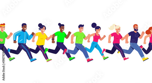 Diverse Group Of People Running In A Line Together