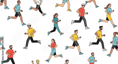 Diverse Group Of People Running Seamless Pattern Graphic Illustration