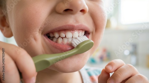 Young boy cleaning his teeth with toothbrush during morning routine for healthy smile