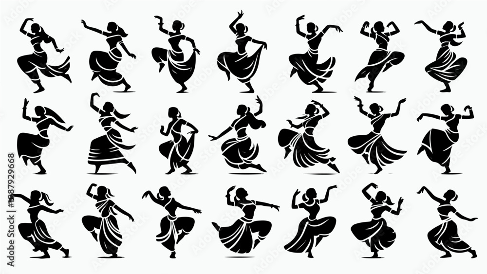 Fototapeta premium Collection of Twenty-One Black Silhouettes of Traditional Indian Classical Female Dancers in Various Dynamic Bharatanatyam Poses, Vector Illustration Set
