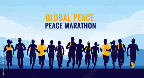 Diverse Group Running In a Peaceful Marathon Promoting World Understanding