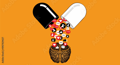 Social media addiction concept vector, open pill capsule pouring digital icons into a human brain, mental health and technology dependency illustration