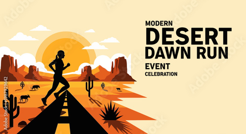 Desert Dawn Run Event: Silhouette Runner, Arizona Landscape Illustration