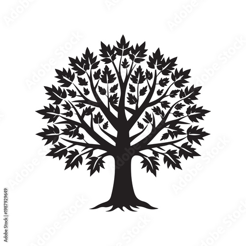 Black silhouette of a tree with many branches and leaves on white background  tree silhouette  tree icon