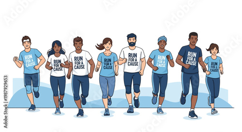 Diverse Group Running Together for Charity in Vibrant Illustration Style