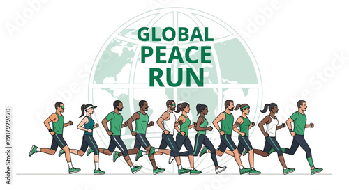 Diverse Group Running Together for Global Peace Achieving Worldwide Harmony and Unity