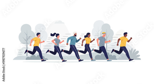 Diverse Group Running Together for Recreation, Health, and Fitness Outdoors Activity