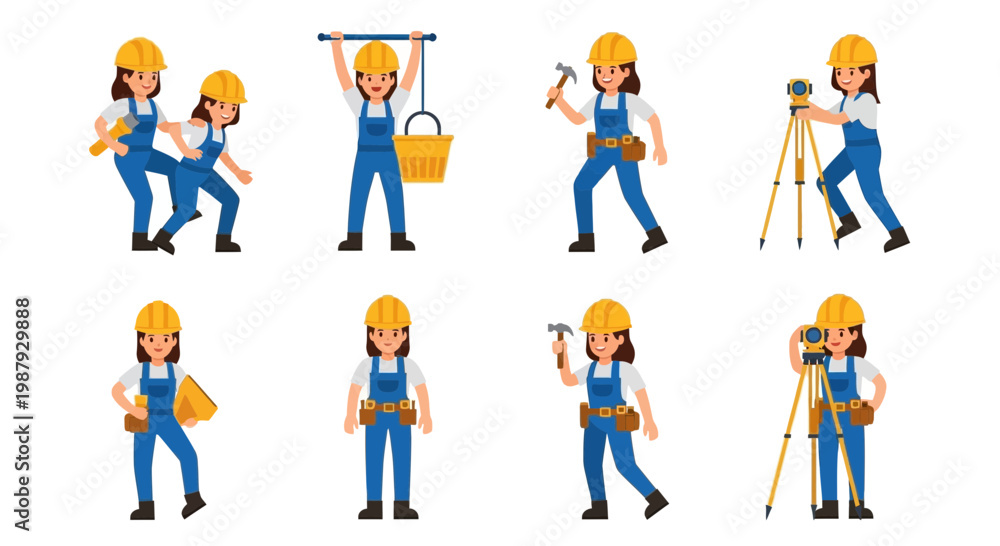 Fototapeta premium Diverse Illustrated Construction Workers Representing Various Builder Professions On White