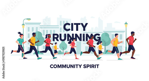 Diverse Group Running Together in Urban Environment Promoting Community Spirit and Health