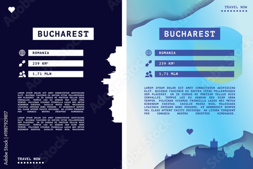 Bucharest, Romania vector infographics, brochure layout set. Guide, leaflet, flyer, graphic template with text, data, information, city skyline shape. Mock up images series
