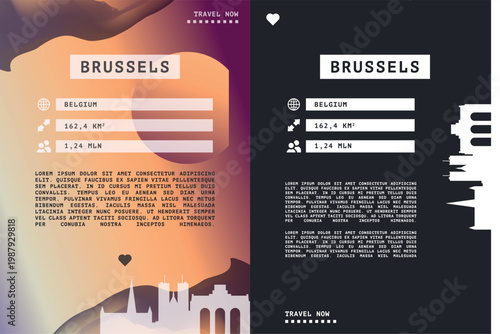 Brussels, Belgium vector infographics, brochure layout set. Guide, leaflet, flyer, graphic template with text, data, information and city skyline shape. Mock up images series