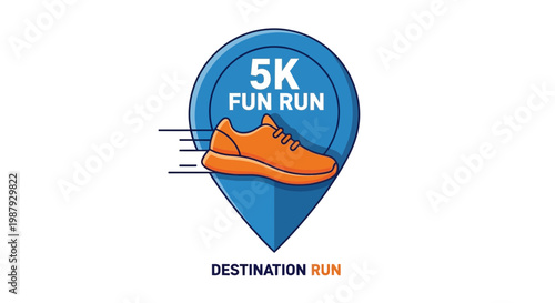 Destination 5K Fun Run Emblem: Running Shoe in a Pinpoint Locator Design