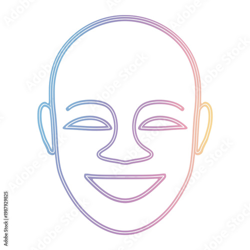 Neon line art face with glowing gradient outline minimal design isolated on a transparent background