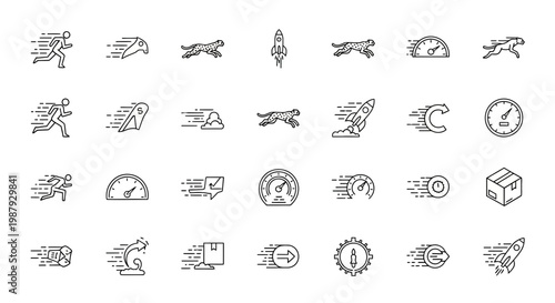 Diverse Icon Set Depicting Speed, Velocity, and Rapid Movement in Minimalist Style
