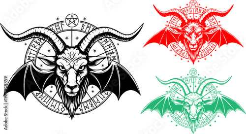 Occult Baphomet goat head vector set, satanic demon with bat wings and pentagram, gothic devil illustration for t-shirt design and metal music posters