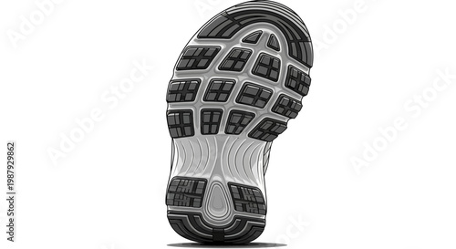 Detailed Sole View in Black and White of Modern Sport Shoe on Pure White Background