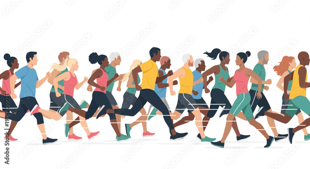 Obraz premium Diverse Running Group Represents Inclusion, Movement, And Competitive Spirit In Action