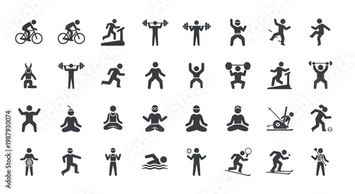 Diverse Sport and Exercise Icons Depicting Physical Activities for Health and Wellness Education