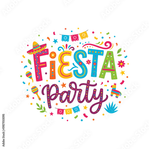 Vibrant fiesta party celebration with colorful text and decorations