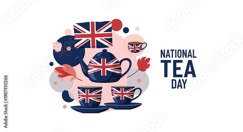Celebrating British tea culture, a vector illustration features a teapot, cups, and the Union Jack flag, representing the essence of afternoon tea tradition in the UK and the joy