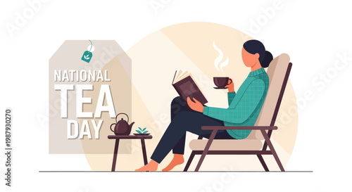 A woman relaxes with a book, enjoying a cup of hot tea as part of the British tea time concept, celebrating National Tea Day with an afternoon tea tradition in a cozy tea moment