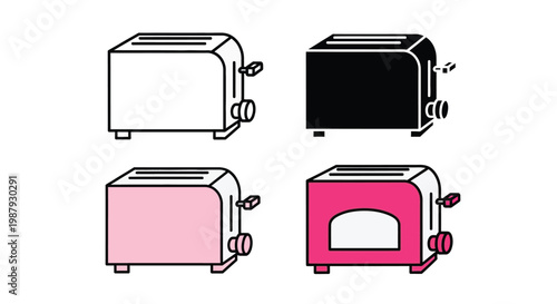 A minimalist illustration displays four toasters in differing colors and styles high quality