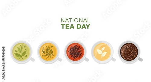 Celebrating the British tea time concept, this vector illustration showcases five cups of tea with different flavors, embodying the cozy tea moment and the essence of the English tea