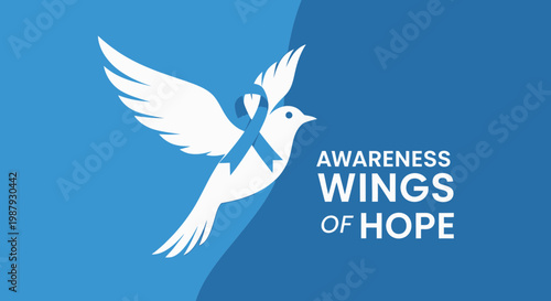 Dove of Awareness and Hope Flying with Blue Ribbon of Support for Charitable Cause