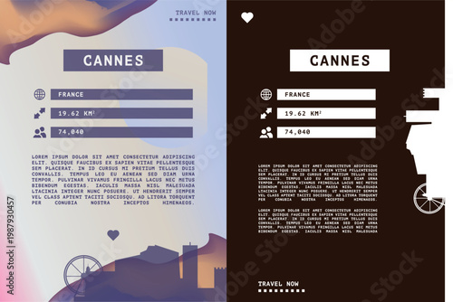 Cannes, France vector infographics, brochure layout set. Guide, leaflet, flyer, graphic templates with text, information, data, city skyline shape. Mock up, copy space images series