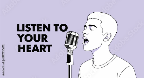 Minimalist line art illustration of man singing into vintage microphone, listen to your heart text, musical performance vector on purple background