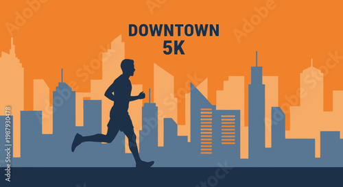 Downtown 5k Race Runner Silhouette Cityscape Against Orange and Blue Background Design