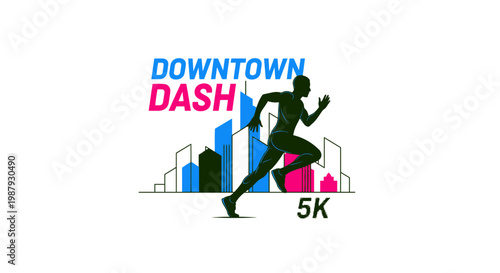Downtown Dash 5k Run Silhouette In Front Of City Buildings With Bold Design