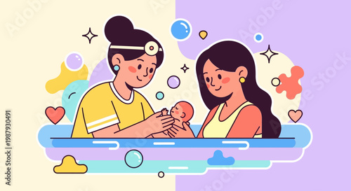 Professional female midwife helping a young mother holding her newborn baby in a birthing pool for International Midwives Day.