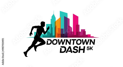 Downtown Dash 5k Race Illustrative Silhouette Design Featuring Runner And Modern Cityscape