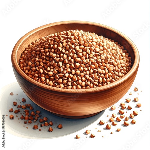 Brown Buckwheat Groats in Wooden Bowl.