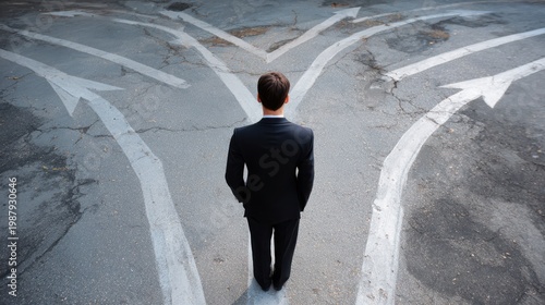 A man in a suit stands at a road intersection with multiple white arrows pointing in different directions, symbolizing decision-making and choices.